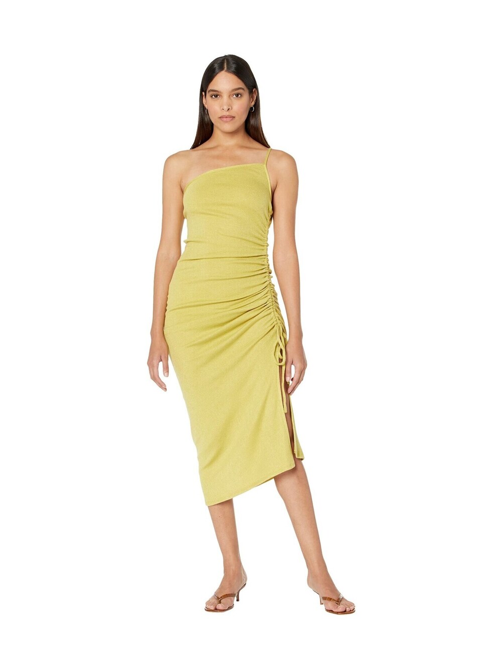 line and dot Adelyn One Shoulder Knit Dress with Slit Chartreuse LG